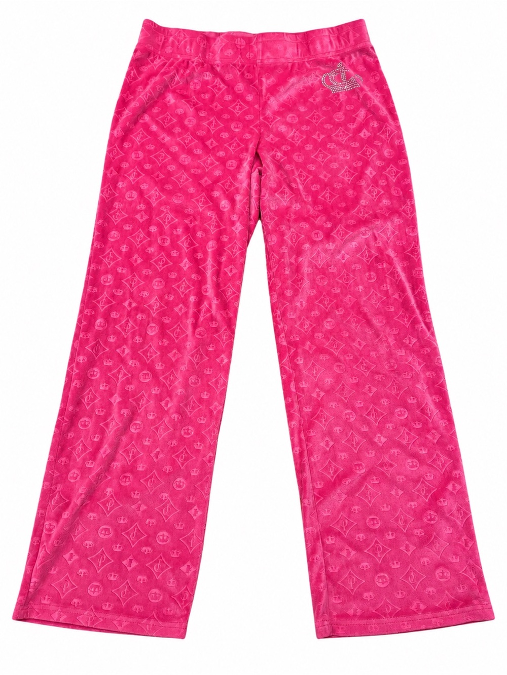 Juicy Couture Pink Velour Monogram Rhinestone Crown Pants L Y2K